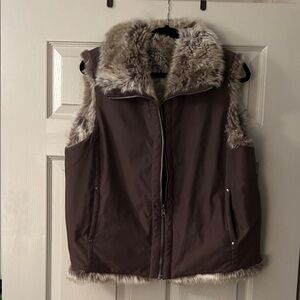 Faux Fur Trim Brown Reversible Puffer Vest